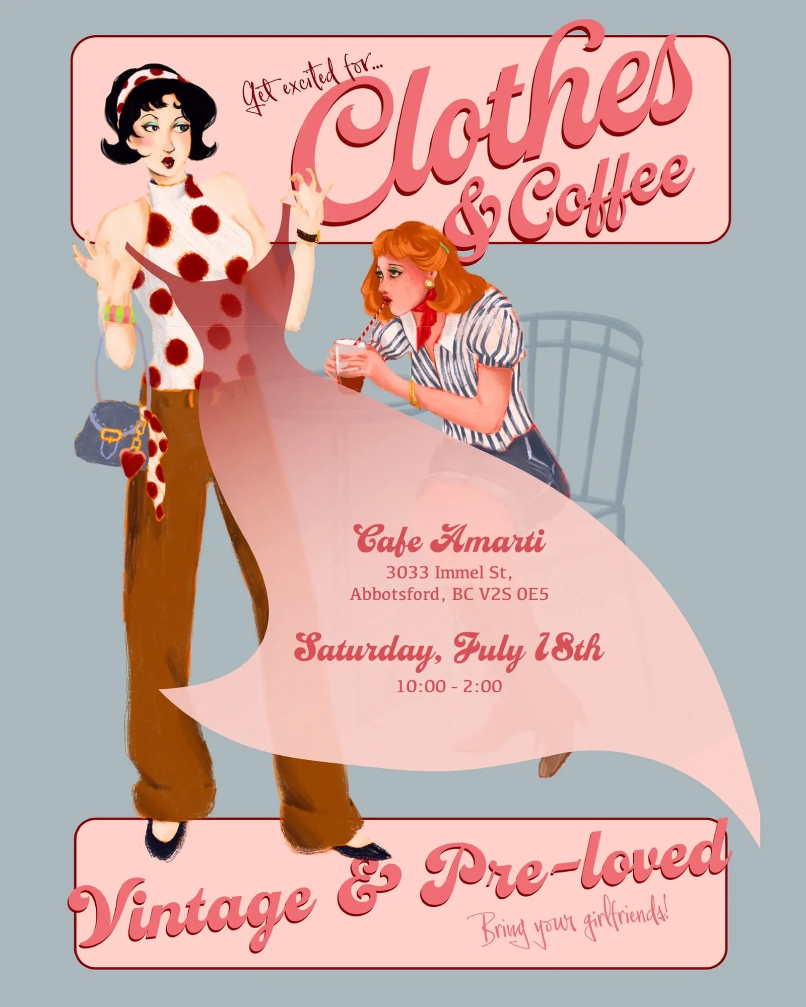 Clothes & Coffee poster — two friends thrifting with iced drinks