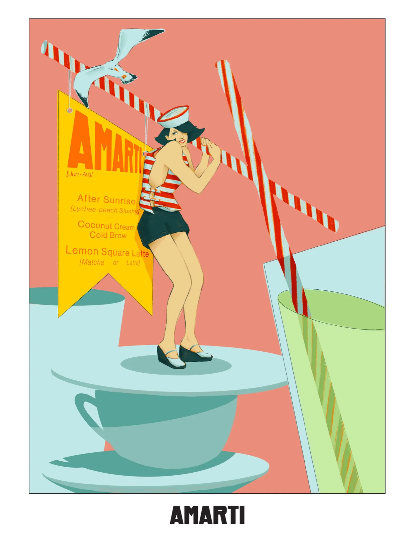 Amarti summer menu poster — a sailor girl standing on a teacup